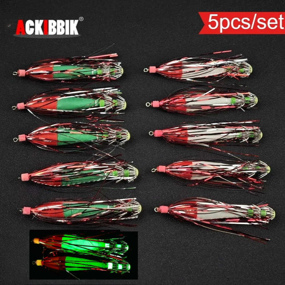 Ackibbik 5pcs Glow Squid Jig Hook - Hameçon parapluie lumineux pour pêche seiche calmar poulpe