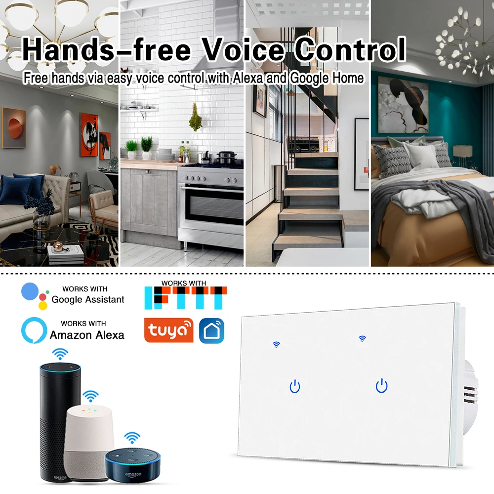 Painel de Vidro Luxo Tuya Casa Inteligente Interruptor Wi-fi Trabalhar com o Google Casa Alexa Voz Precisa de Fio Neutro App Controle Remoto 146*86 mm ue Preto