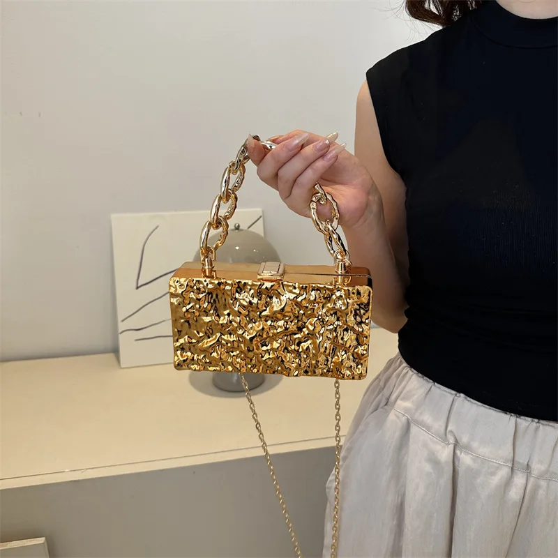 Gold Silvery Acrylic Box Ice Crack Evening Bag Clutch Bags Fashion Chain  Women Handbag For Party Shoulder Bag For Wedding/party