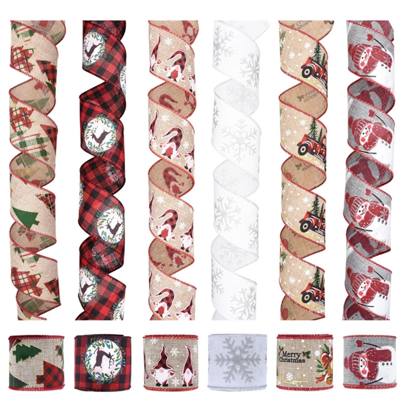 

2XPC 6 roll Christmas Polyester Ribbon Cartoon Heart Xmas Tree Candy Cane Stocking Pattern String for DIY Craft Gift Package