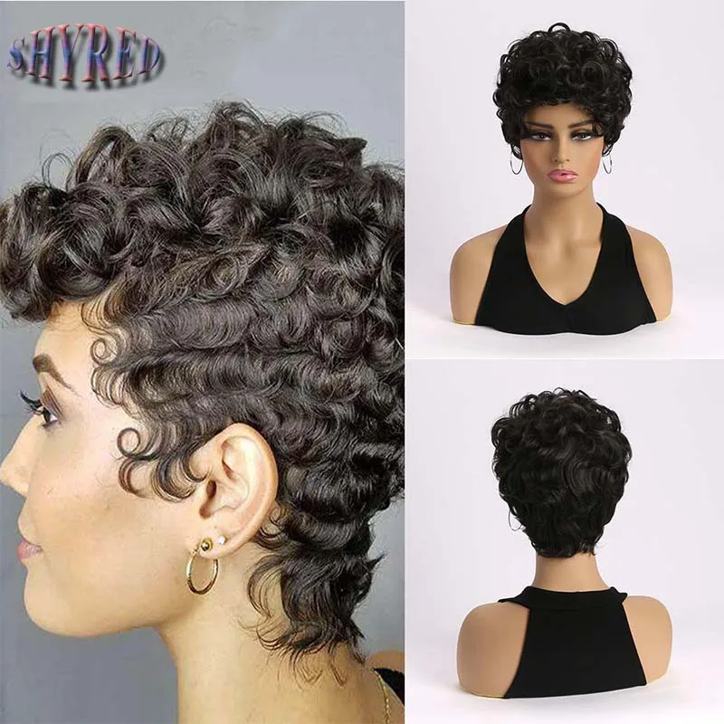 Perucas sintéticas afro encaracoladas para mulheres negras, peruca de cabelo preto, cortes de cabelo curtos, cabelo falso de festa diária