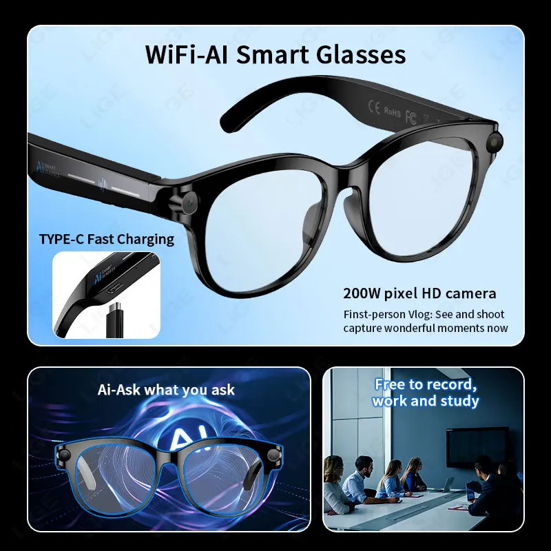 LIGE 2MP AI Smart Glasses Multifunctional Camera Bluetooth Call Voice Assistant Translate Music Player 720P HD Video Sunglasses