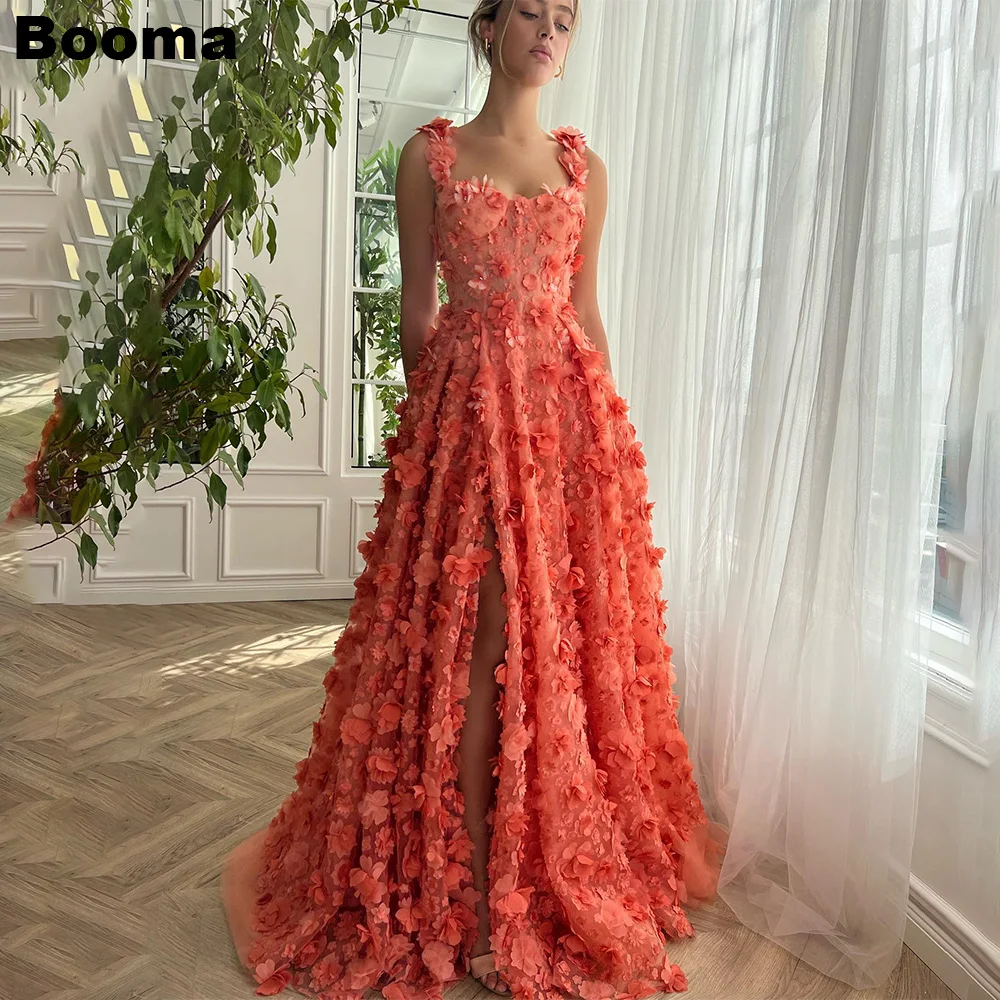 

Booma 3D Flowers Fairy Prom Dresses Sweetheart Sleeveless Long Evening Dresses Leg Slit Wedding Party Gowns for Women Customize