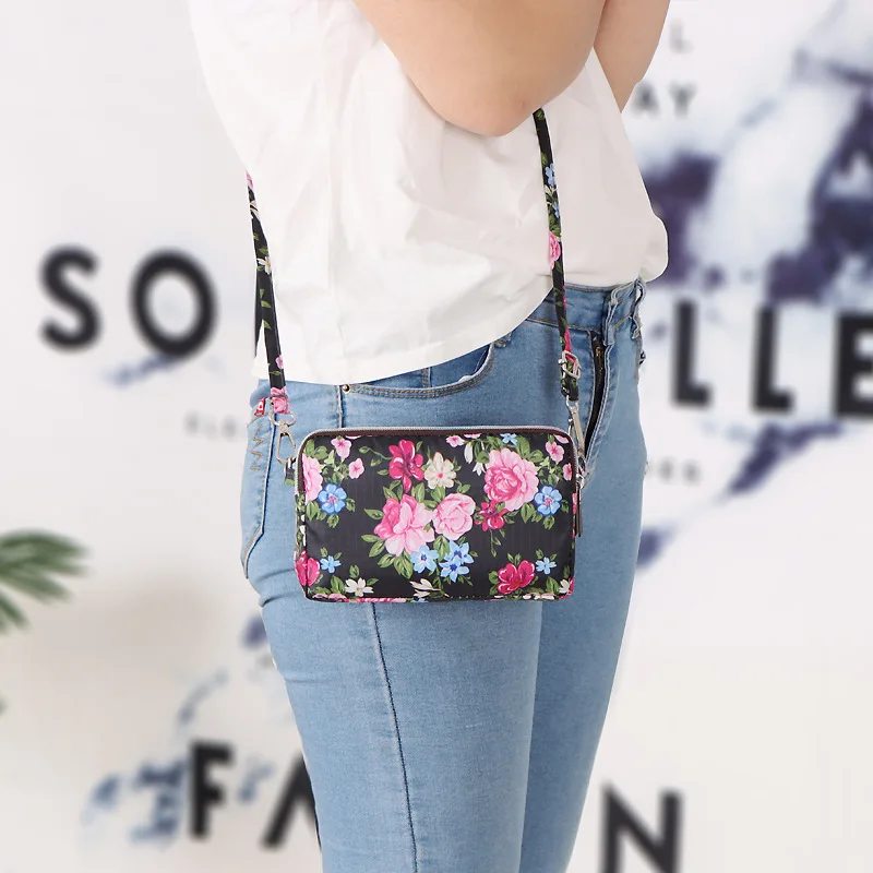 1PC Womens Printing 3 Layer Canvas Phone Bag Messenger Shoulder Bag Zipper Coin Card Key Purse for Women's Bank Card Holder Pack 