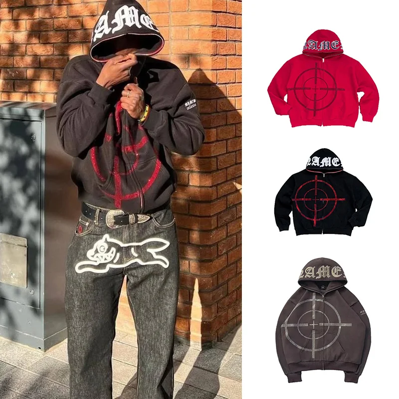 

Y2k Rhinestones Diamond Hoodies High Street Graffiti Coat 2022 Women Retro New Outwear Autumn Winter Pocket Lady Autumn Winter