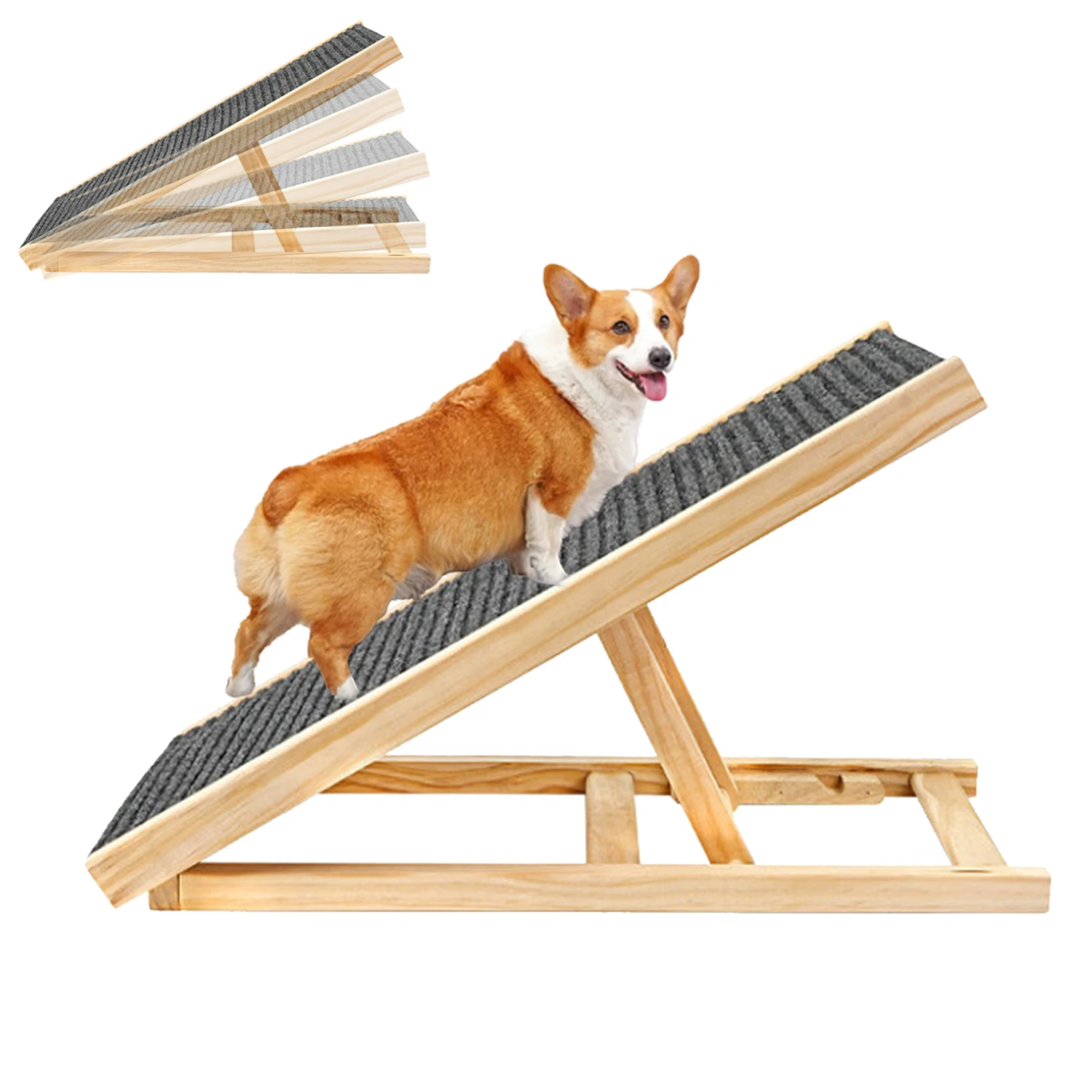 Corgi op de loopplank van grenenhout; klein inzetje toont de vier hoogtestanden