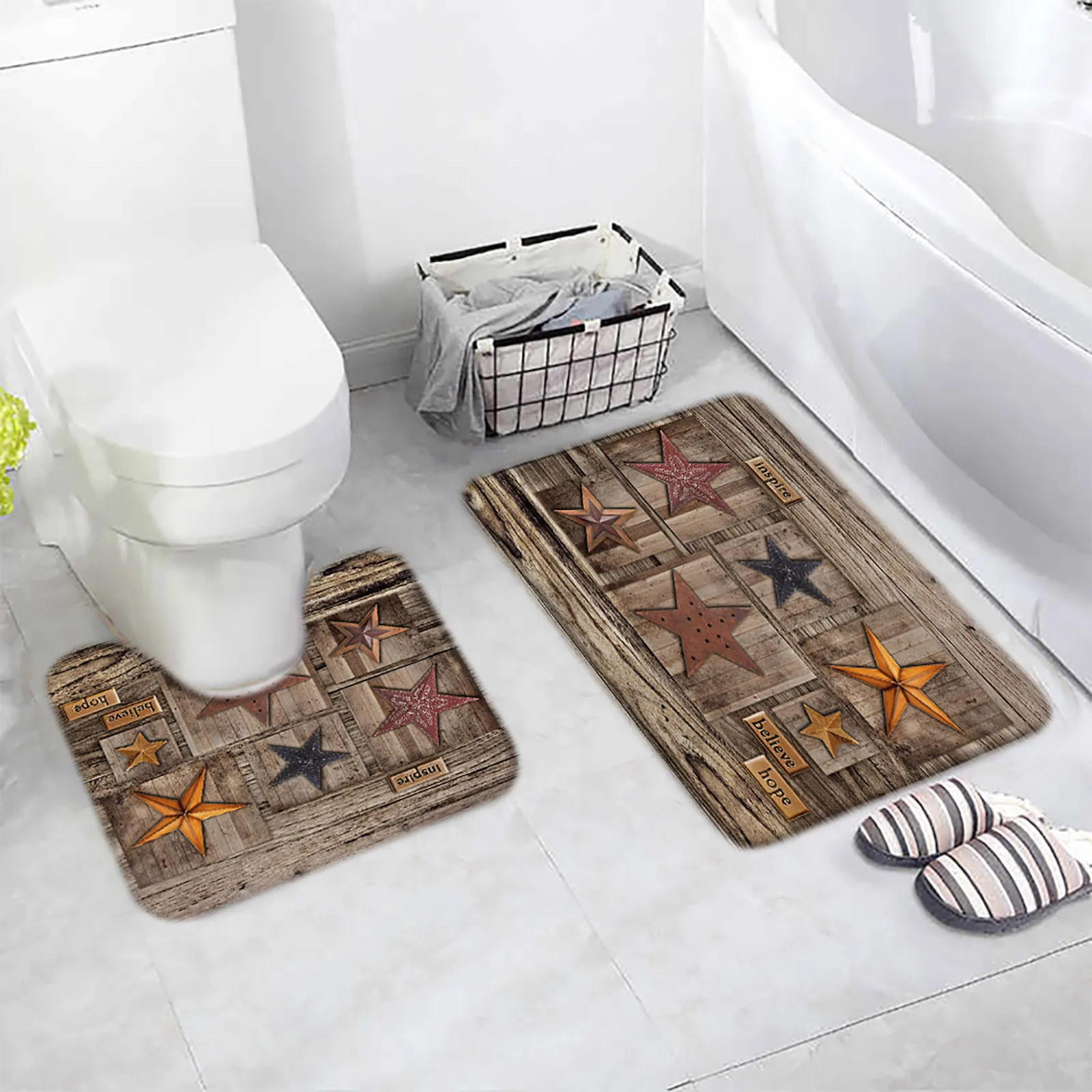 Vintage Old Wooden Board Tappetino Da Bagno Set Rustico Texas Star Farm Barn Plank Retro Bagno Decor Tappeto Tappeti Antiscivolo Pad A Forma Di U