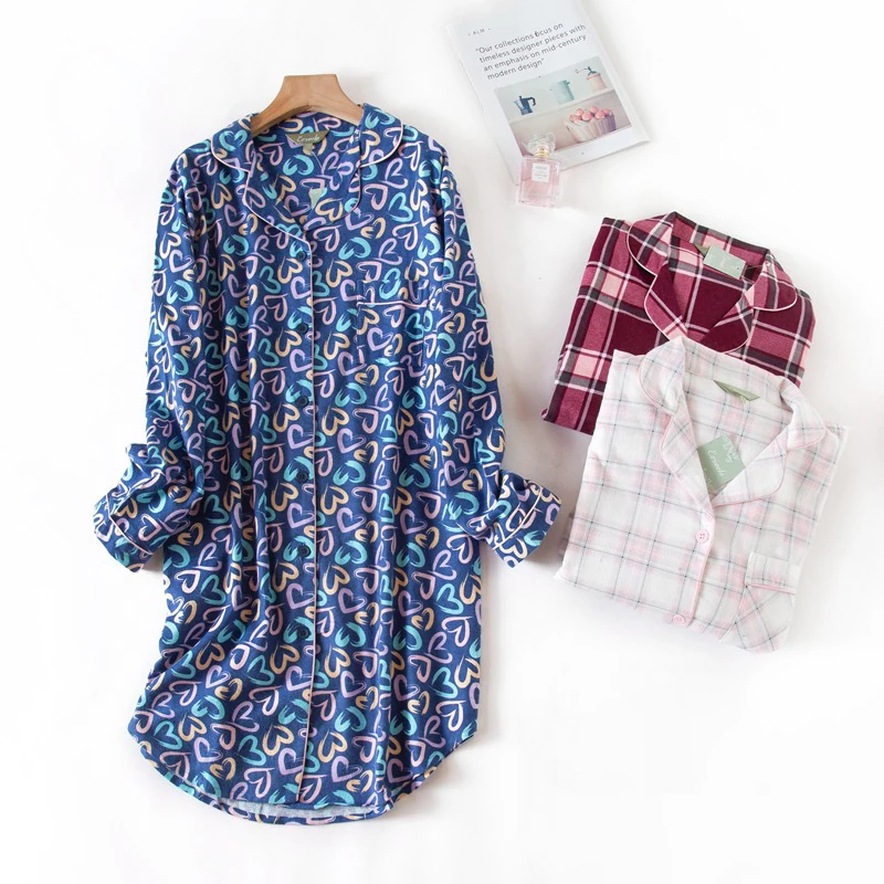 Winter 100% Brushed cotton nightshirts women nightgowns sleepwear fashion plaid Plus size sleepdress night dress nightwear