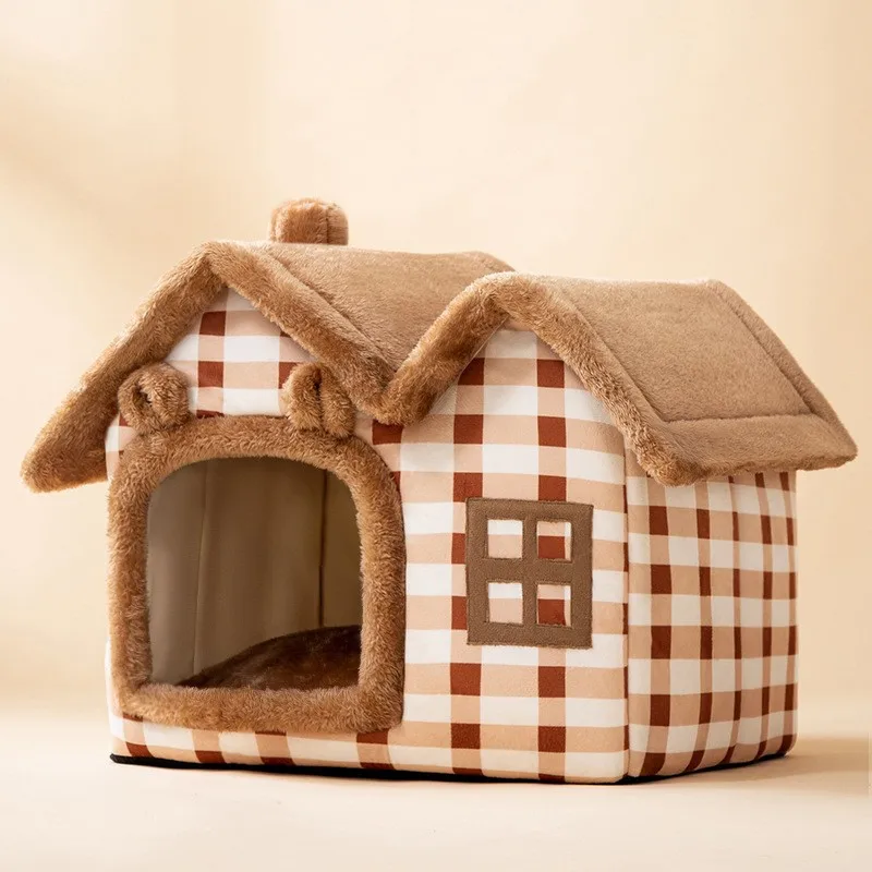 

2022 New Pet House Foldable Bed With Mat Soft Winter Dog Puppy Sofa Cushion House Kennel Nest Dog Cat Bed Two Roof