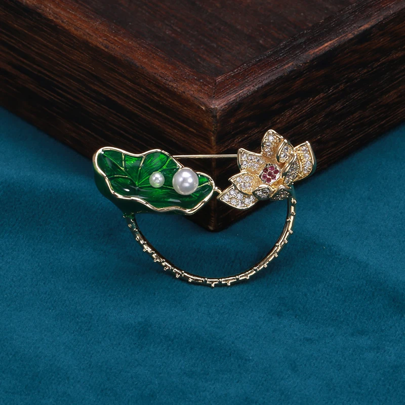 Blucome Lotus Flower And Lotus Leaf Shape Brooch Gold Color Enamel Jewelry Pins Girl Boy Gifts Scarf Hat Accessories