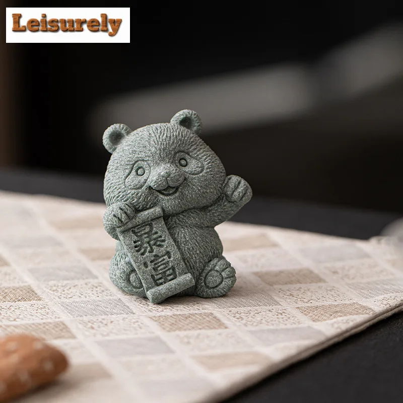 Cyan Sand Stone Panda Tea Pet Vintage Lucky Model Tea Figurine Play Toys Tea Statue Ornaments Tableware Accessories Collection