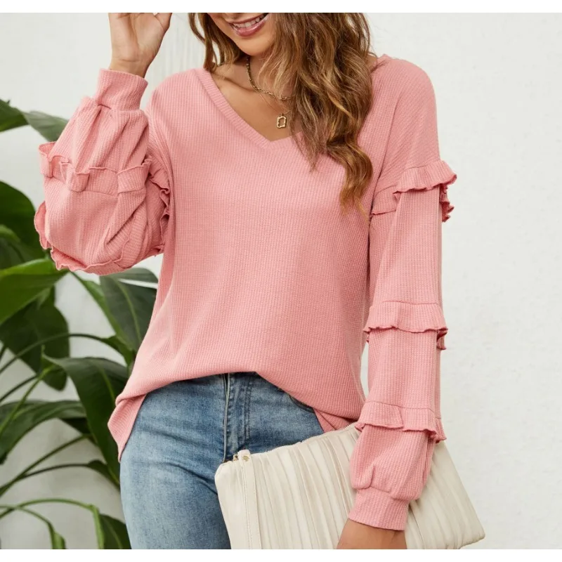 

Women's Casual Clothing Loose Pullover Autumn & Winter New Female Clothing Women Waffle V-neck Ruffled Lantern Sleeve Top