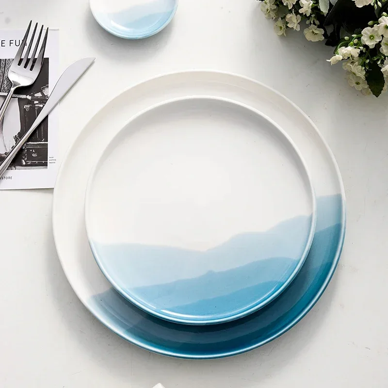 Mountain Scenery Ceramic Dinner Plate Big Round Dessert cake plate Square Steak pizza dish Restaurant kitchen tableware set