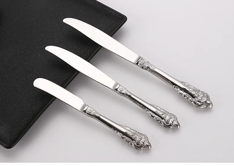 Description Picture 5 of item1Pcs Luxury Silver Dinner Set Vintage Western Stainless Steel Cutlery Sets Wedding Engraving Tableware Knife Fork Spoon Teapoon