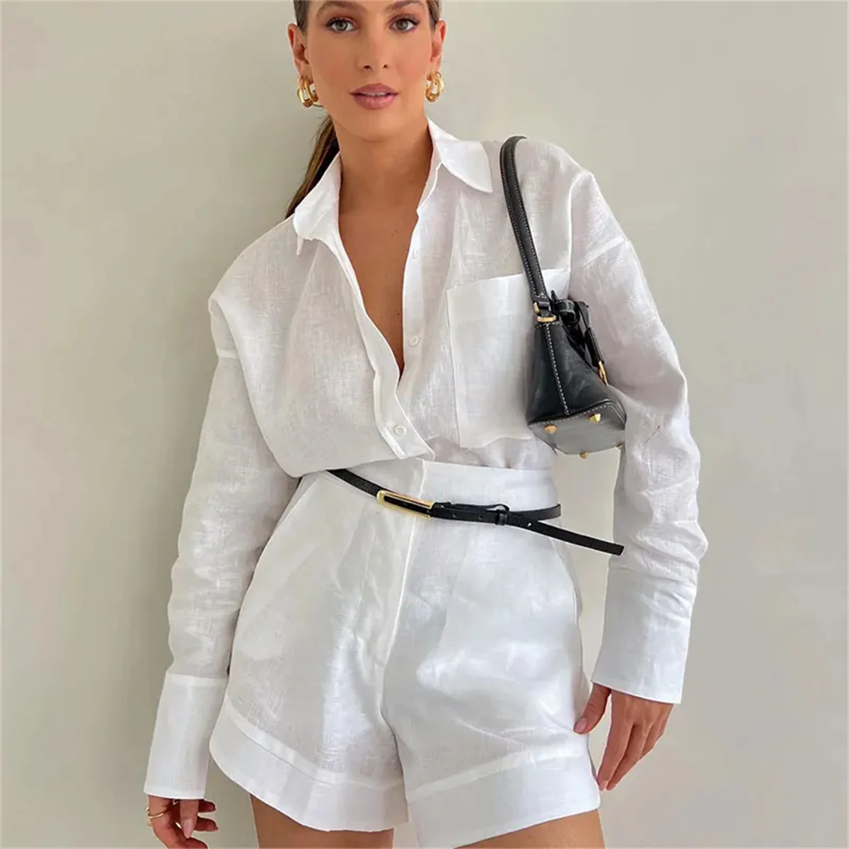 Fashion Cotton Linen Loose Short Shirts Sets Long Sleeve Lapel Blouse High Waist Casual Shorts Suit 2024 Highstreet Lady Outfits