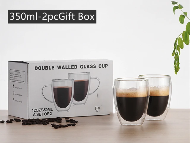 2pc/6pc Double-layer Heat-resistant Glass Coffee Cup Transparent Tea Beer Coffee Water Cups Heat Preservation cup Gift set 350ML-2PC gift box