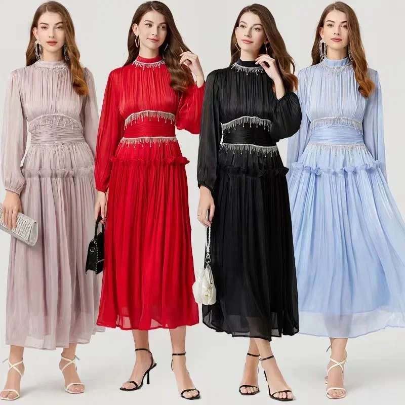 

French Designer Fashion Women Organza Stand Collar Party Dress Luxury Spring Diamonds Tassel Ruffles Puff Sleeve Slim Midi Dress