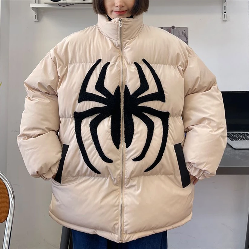 

American Punk Spider Embroidery Parkas Men Harajuku Vintage Thick Warm Padded Jackets Winter Clothes Couples Kawaii Bubble Coats