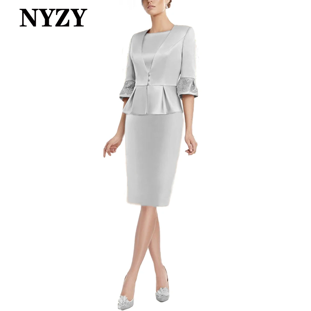 

NYZY M404B Satin Silver Short Mother of the Bride Groom Dresses with Coat 2024 Formal Dresses Wedding Party Cocktail