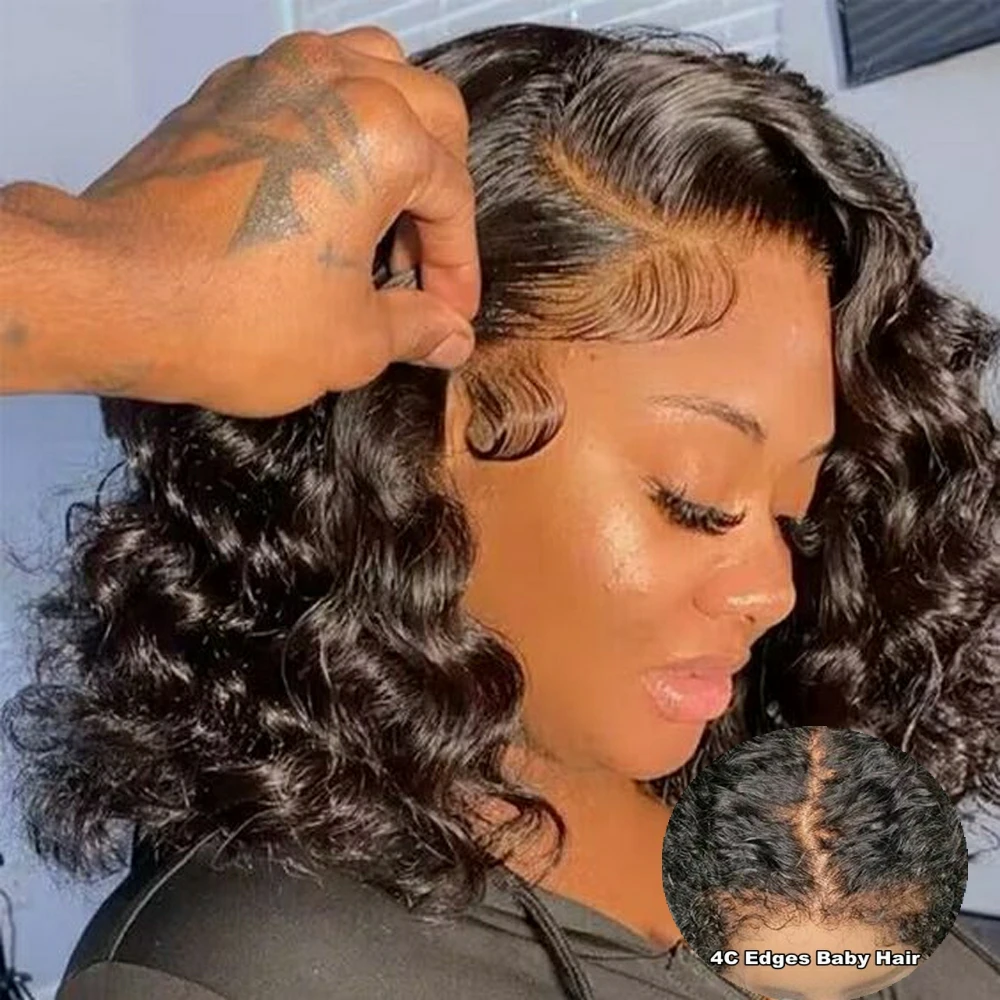 

Loose Wave 4C Edges Natural Hairline Short Bob Wig 13x4 HD Lace Front Human Hair Wigs Curly Baby Hair 4x4 Lace Closure Wigs