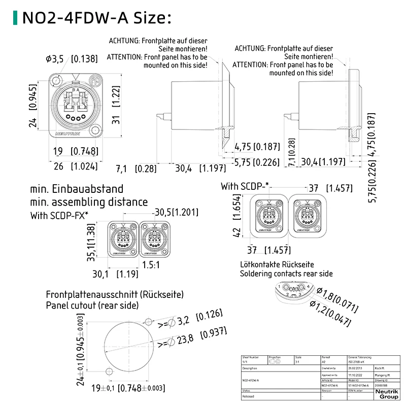 NEUTRIK 2 채널 LC 피드 스루 소켓 NO2-4FDW-A, 전문 방송 광섬유 섀시 커넥터, OEM 장비에 적합