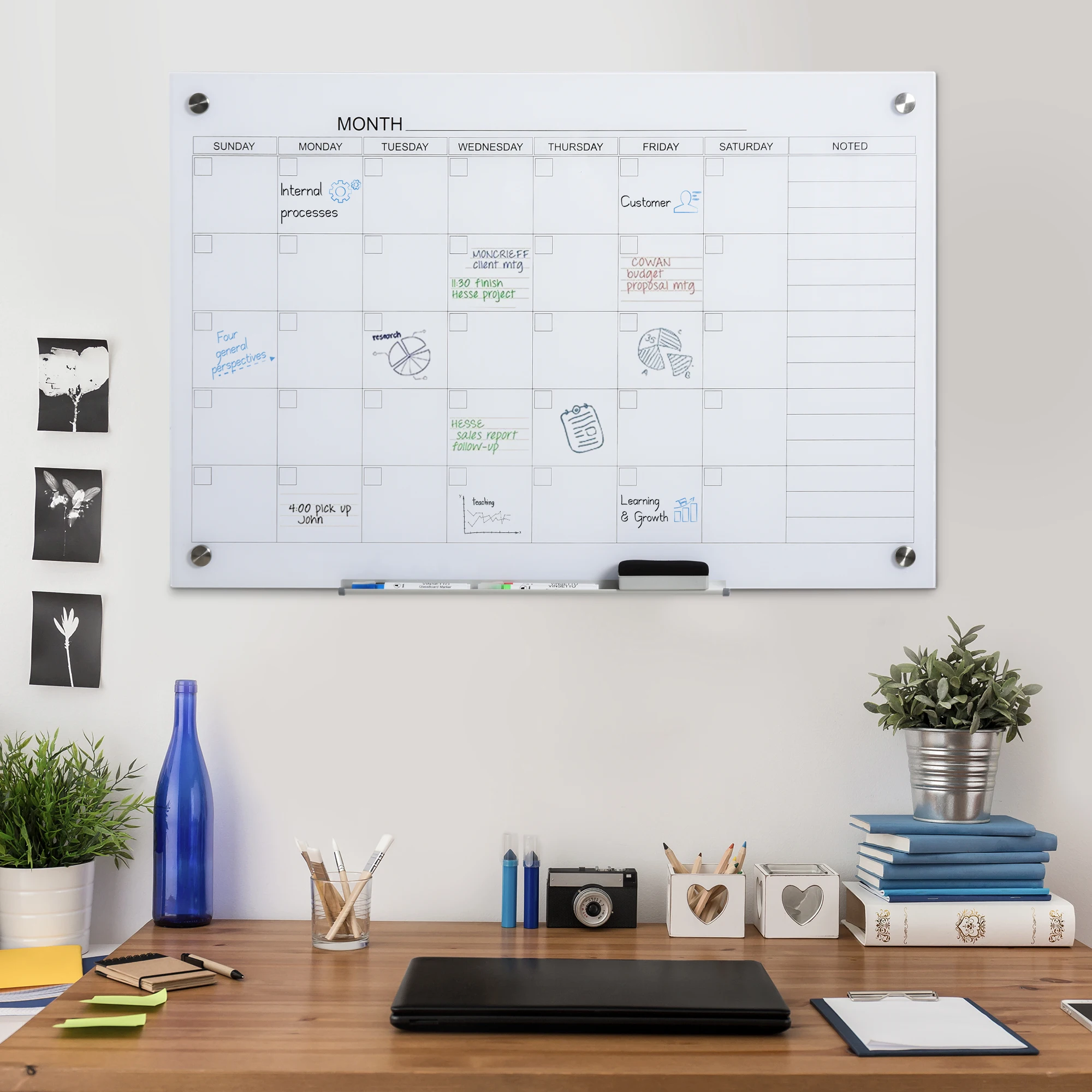 Wall Mounted Glass Organizational Daily Activity Board W/Markers and Dry Eraser 3