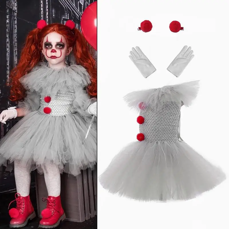 

Girl Clown Costume Tutu Dress Costume For Girls Children Clown Cosplay Costumes With Gloves And Red Hairpin 3 Pieces Of Set