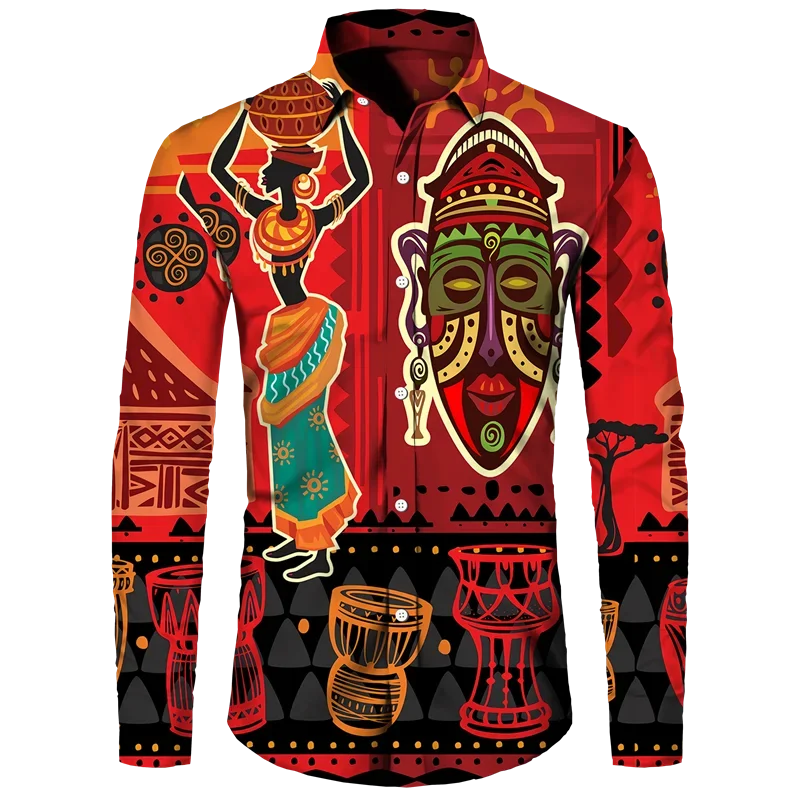 thumbnail image 1 of Camisa con botones para hombre nueva, camisas de manga larga con estampado africano Dashiki, ropa tradicional para parejas, ropa de calle de estilo étnico de hip hop, 1 of 5