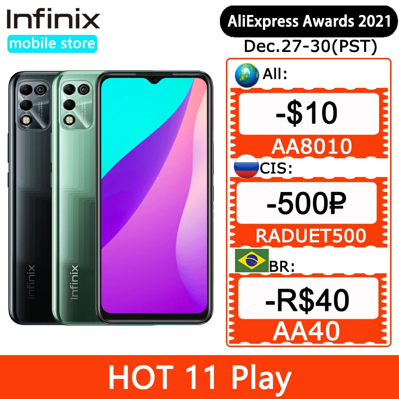 Infinix Hot 11 Play Global Version 6.82'' HD+ Display Smartphone 6000mAh Battery Helio G35 13MP AI Dual Rear Camera Android |