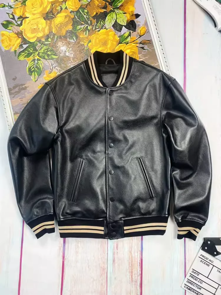 Men Leather Jacket First Layer Cowhide Casual Baseball Uniform Embroidered Loose Top