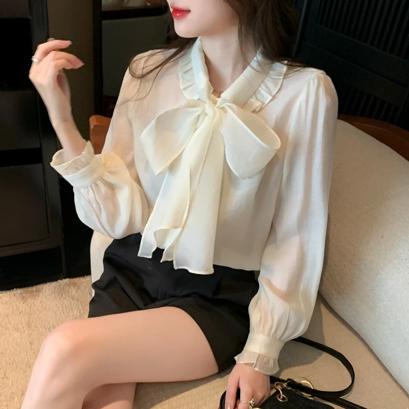 

Elegant Long Sleeve Chiffon Shirts Women Blouses Fashion Bow Neck Casual Blusas Mujer Korean Clothing Office Ladies Tops Luxury