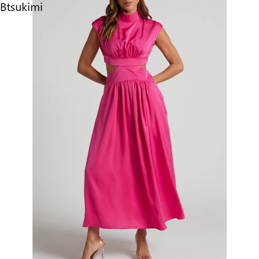 

2024 Women Summer Dress Solid Sleeveless A-LINE Hollow out Shirring Long Dress Trendy Elegant Maxi Dress for Women Beach Outfits