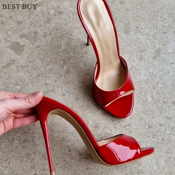 2023 New Women's Open Toe Mules Gold Silver Slip on Thin High Heel Sandals Banquet Sexy Fashion Ladies Sandals Plus Size 35-43