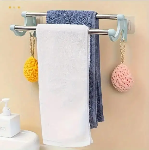 1PC Stainless Steel Towel Rack Double Rod Towel Bar Wall Mounted Holder Storage Shelf Bathroom Accessories BathroomStorage