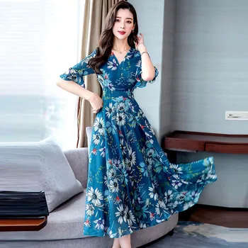 Fashion Short Sleeve Dress V-Neck Floral Print Loose Women Long Dress Summer Casual A-Line 3