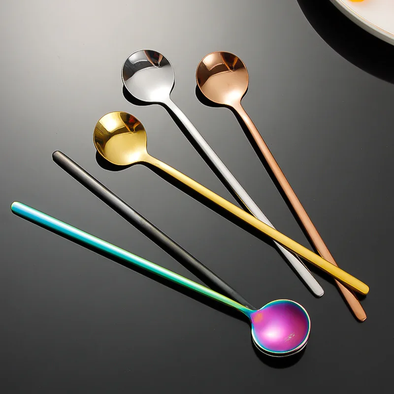 

Rainbow Color Coffee Tea Stir Spoon Long Handle Ice Cream Dessert Spoons Eco-Friendly Stainless Steel Tableware Kitchen Supplies