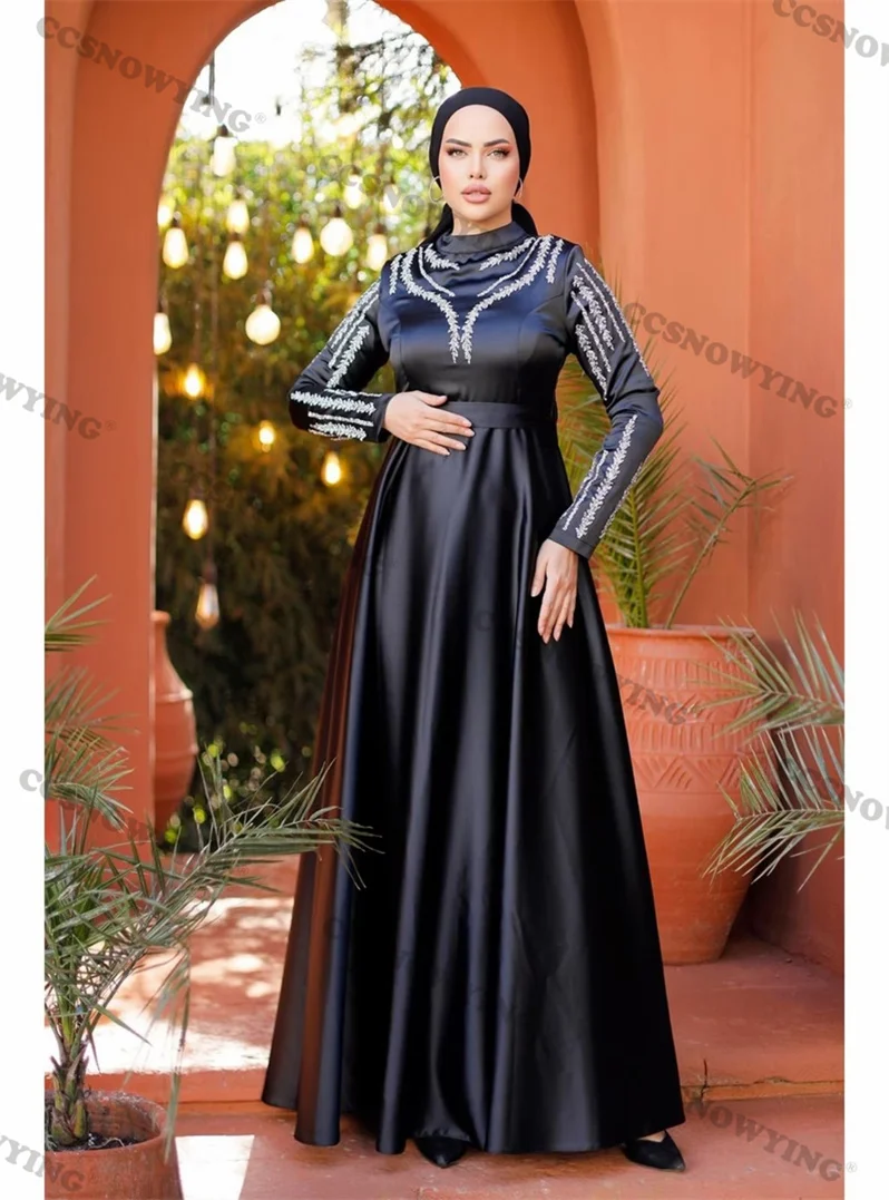 

Satin Beaded Muslim Evening Dresses Long Sleeve High Neck Islamic Formal Party Gown Arabia Dubai Prom Dress Hijab Kaftan