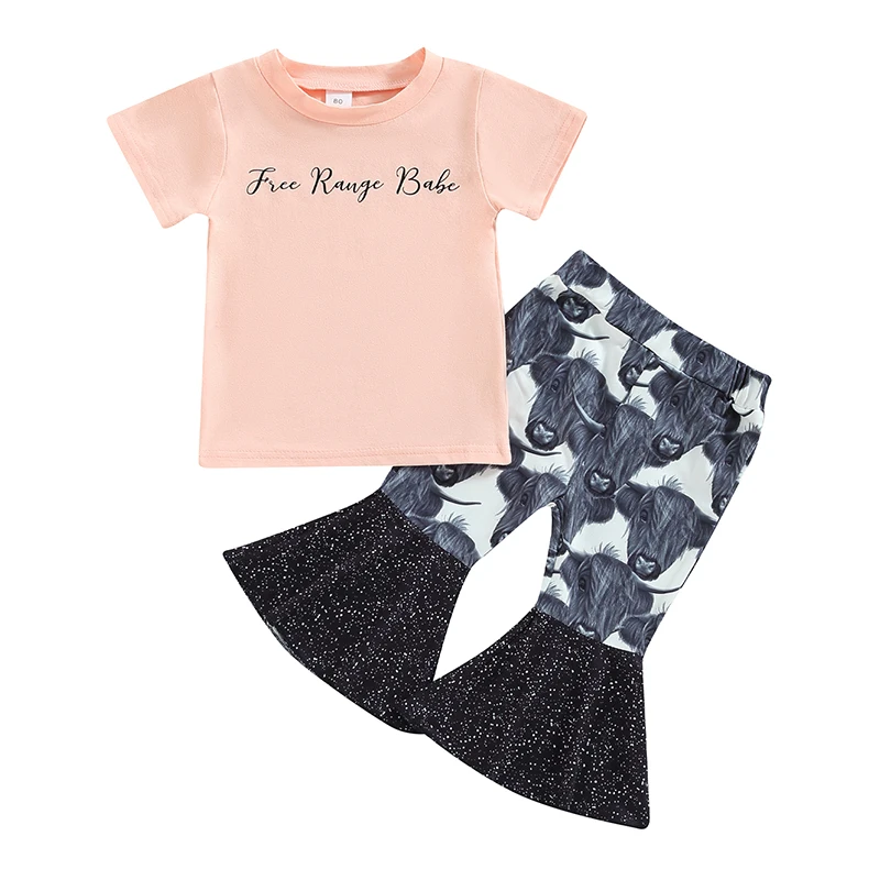 

Toddler Girls Outfits Summer Letter Print O Neck Short Sleeve T-shirt and Elastic Cow Head Print Flare Pants Baby Clothing Set