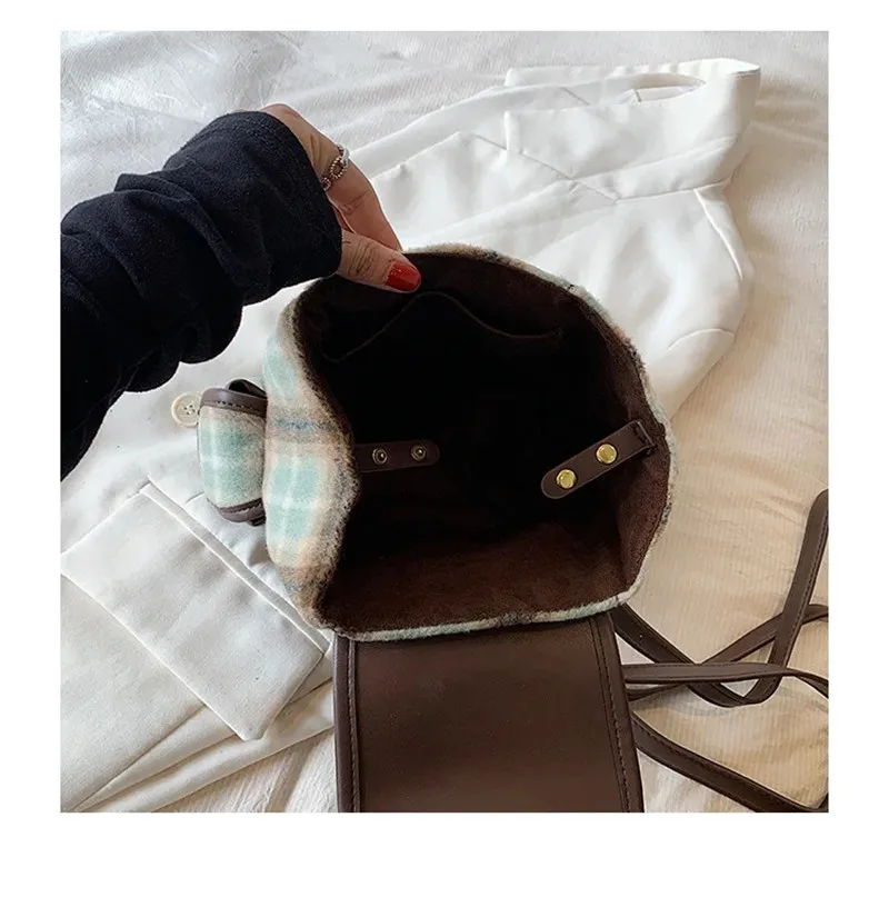 New Fashion Designer Double Root College Student Backpack 2023 Winter Woolen Lattice Small Backpack Female Girl Shoulder Bag