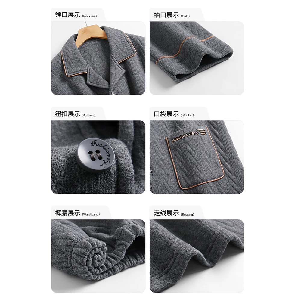 3-layer Thicken Air Cotton Warm Men's Winter Pajamas Sets Casual Solid Plaid Sleepwear Breathable Male pijama mujer pyjama homme