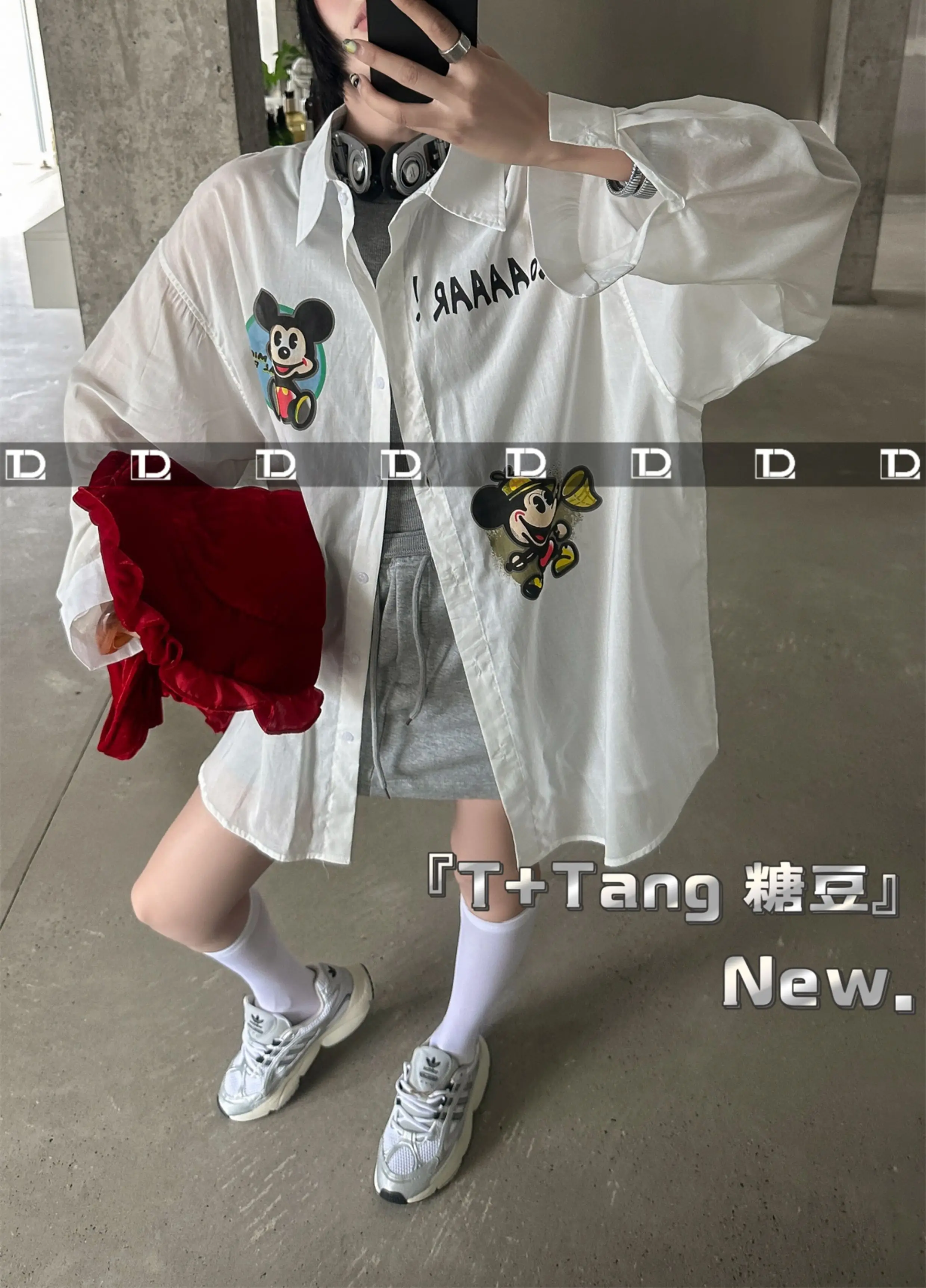 Oversized Long Sleeve White Shirt Spring Summer New Korean Style Loose Cartoon Printed Loose Front Short Back Long Women Shirt