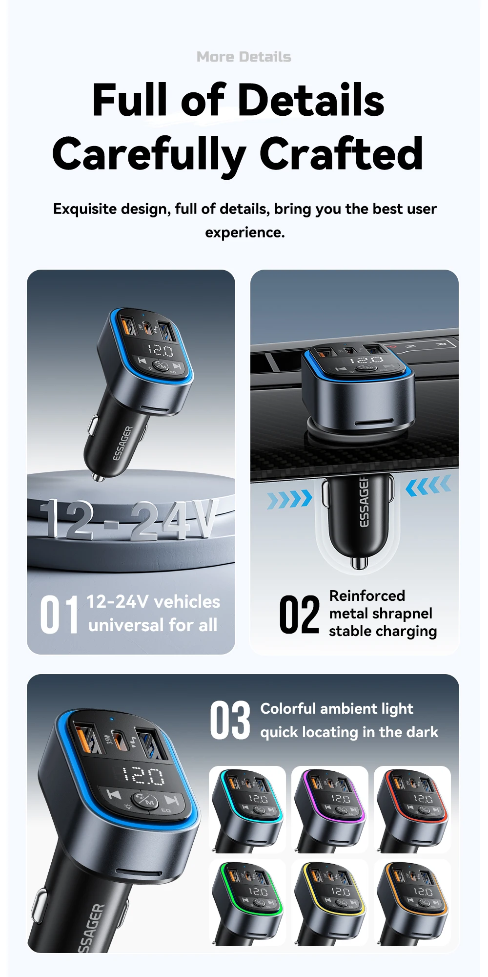 FM Bluetooth5.3 Transmitter 35W USB Type-C Dual Ports PD QC Car Charger Aux Radi