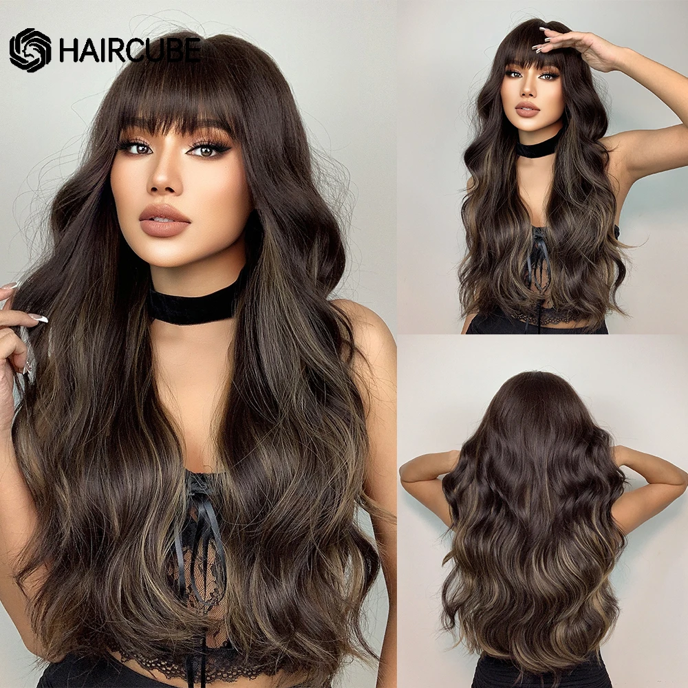 HAIRCUBE Brown Highlight Synthetic Wigs Long Water Wavy Wigs For Women