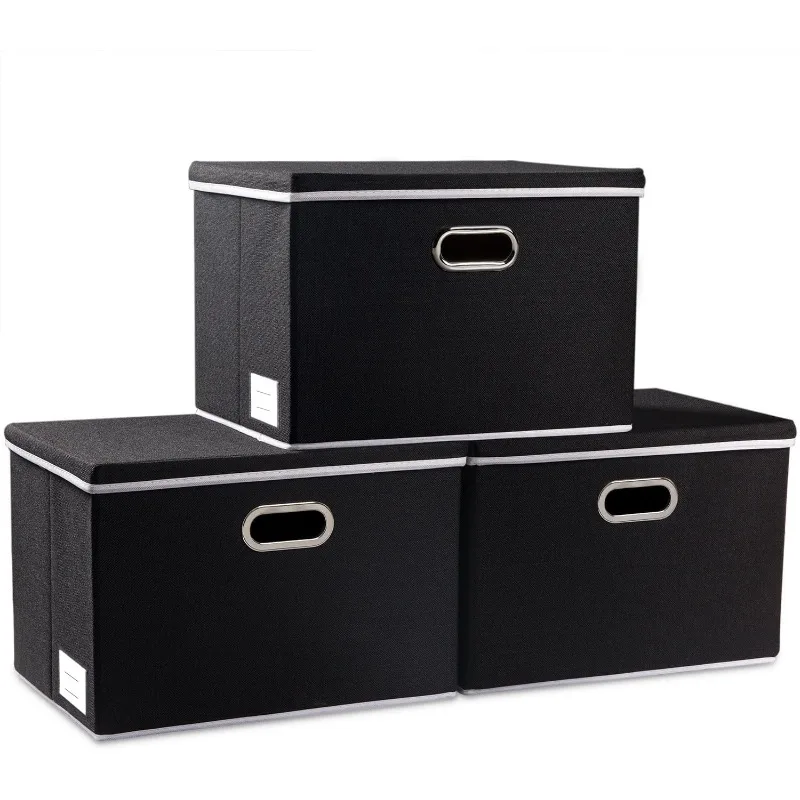 

Extra Large Collapsible Storage Bins with Lids [3-Pack] Linen Fabric Foldable Storage Baskets Boxes Organizer Containers