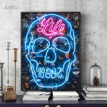 Neon Effect Canvas Painting Wall Art Print Skull Vintage Poster Picture Mural Living Bath Bar BedRoom Home Decor