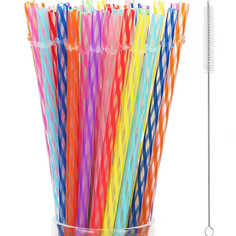 20pcs Mix Colours Spiral Stripes Hard PP Plastic Straw Reusable Drinking Straws with Cleaning