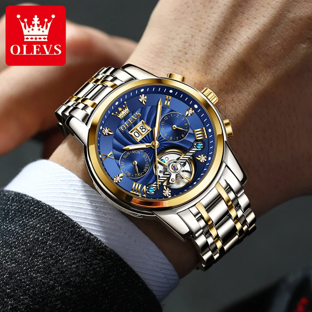 OLEVS 9910 Watch For Men Diamond Luxury Week Calendar Display Waterproof Man Watches Hollow Original Automatic Mechanical Watch