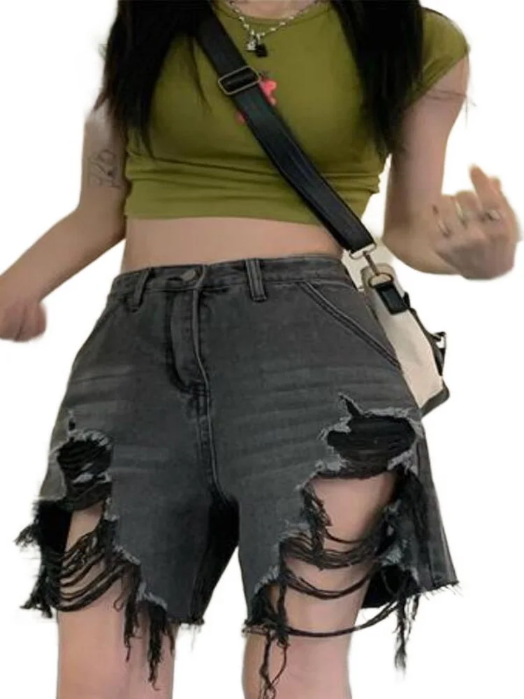 

Summer High Waist Sexy Big Hole Jeans Loose Denim Five-Point Jeans Large Size Wide-Leg Pants