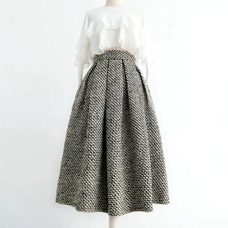 

Women's Fashion Woven Tweed Skirt with Pocket 2023 Autumn Winter Korean Vintage Thicken High Waist Pleated A-Line Skirts Faldas