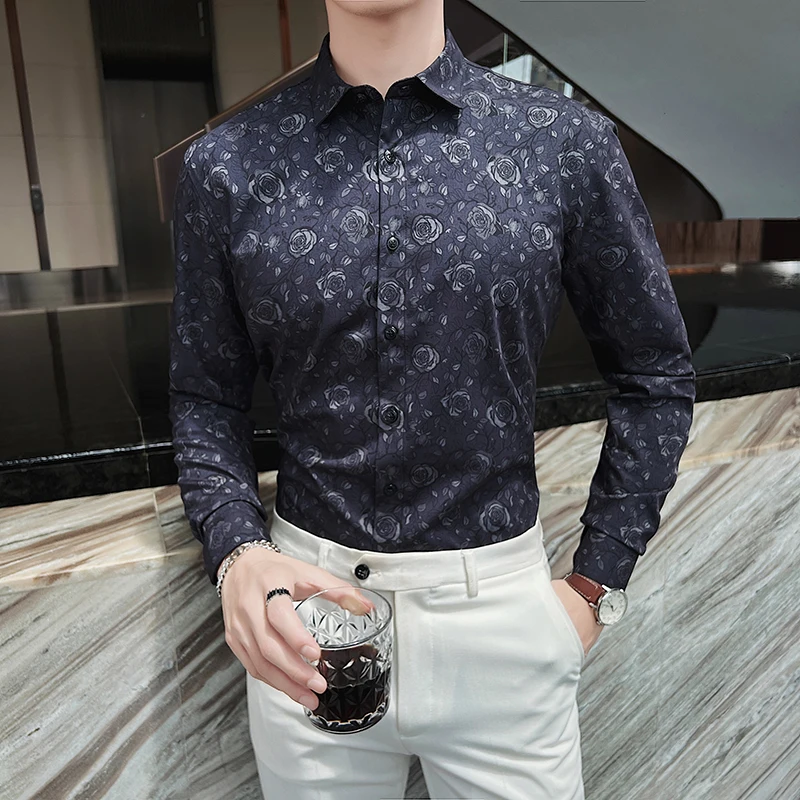 

Fashion Business Floral Shirts for Men Handsome Korean Style Men's Clothing Flower Print Long Sleeve Mens Dress Shirt Streetwear